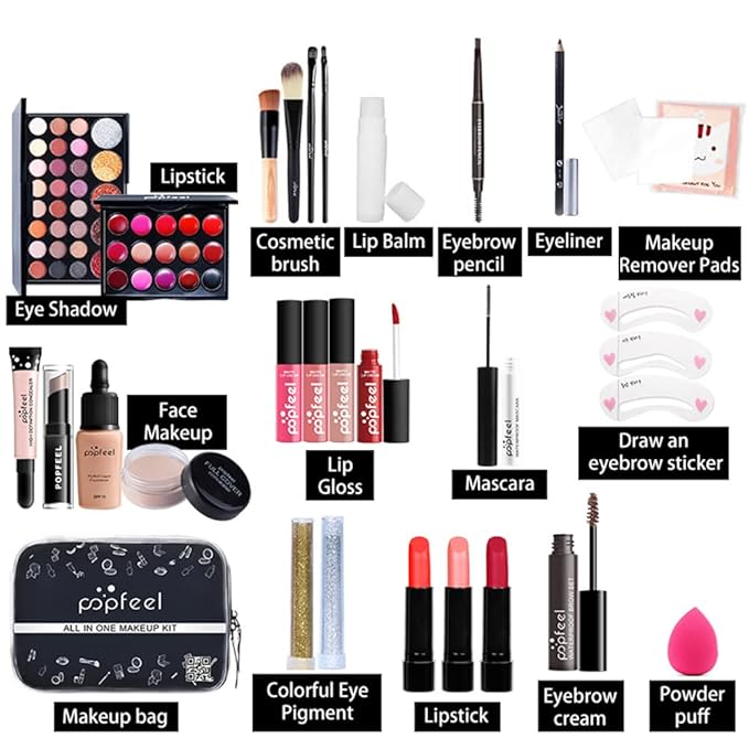 All In One Makeup Kit for Women Full Gift Surprise Makeup Set Includes Makeup Brush Set Eyeshadow Palette, Lip Gloss Set, Liquid Lipstick, Makeup Sponge, Foundation, Concealer, Eyebrow Pencil, Blush and etc (KIT004)-Velvo Beauty
