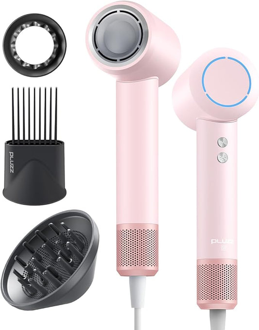Hair Dryer with Comb & Diffuser Attachment for Curly Hair, PLUZZ 200M Negative Ionic Blow Dryer Brush, High-Speed Brushless Motor Hairdryer Fast, Portable Travel Hair Dryers Quiet, Women/Men/Kids-Velvo Beauty