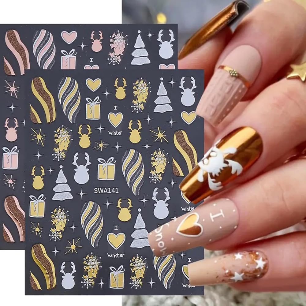 2PCS Christmas Nail Art Stickers, Winter Snowflake Reindeer Nail Stickers Christmas Gift Heart Pattern Self-Adhesive Nail Decals, DIY Nails Art Decoration, Festive Nails Supplies, Xmas Nails Charms-Velvo Beauty