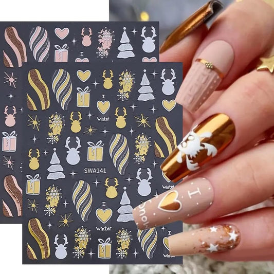 2PCS Christmas Nail Art Stickers, Winter Snowflake Reindeer Nail Stickers Christmas Gift Heart Pattern Self-Adhesive Nail Decals, DIY Nails Art Decoration, Festive Nails Supplies, Xmas Nails Charms-Velvo Beauty