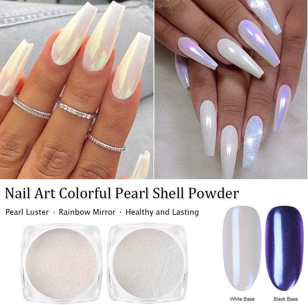 7 Colors Chrome Nail Powder Aurora Metallic Holographic Mirror Effect Dip Nail Powder Kit, White Pearl Iridescent Shell Powder Glitter Nail Art Pigment Manicure for Nails-Velvo Beauty