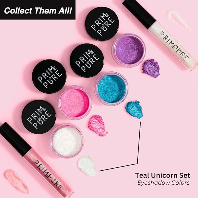 Prim and Pure Mineral Gift Set with Unicorn Mirror| Perfect for Play Dates & Birthday Parties | Kids Eyeshadow Makeup – Mineral Blush | Organic & Natural Makeup Kit for Kids| Made in USA (Blue)-Velvo Beauty