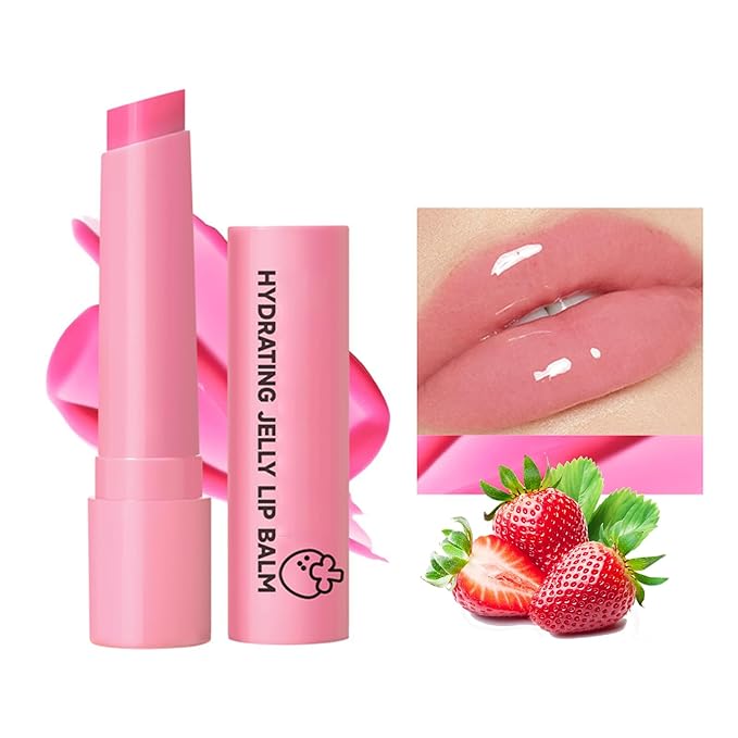 Hydrating Jelly Balm,Tinted Moisturizing Lip Balm For Dry Lips,Instantly Hydrate Lips Conditioning & Nourishing Lip Care Lip Moisturizer Fruit Lip Oil Lip Shine Jelly Lipstick(Strawberry)-Velvo Beauty