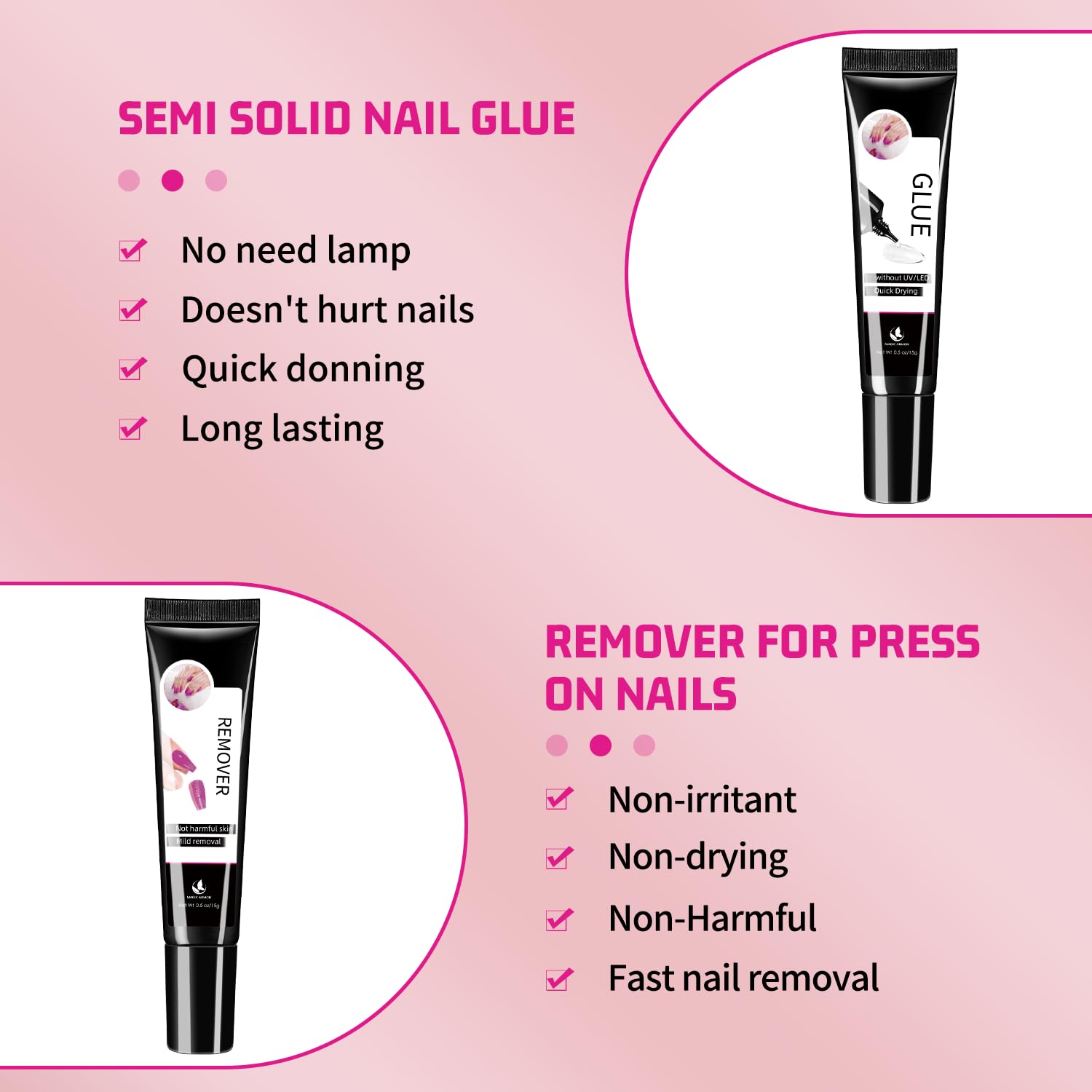 15g Semi Solid Nail Glue with 15g Remover for Press On Nails Tips Gel Nail Glue No Need for UV Lamp Quick Drying a Long Lasting Fake Acrylic Nail-Velvo Beauty