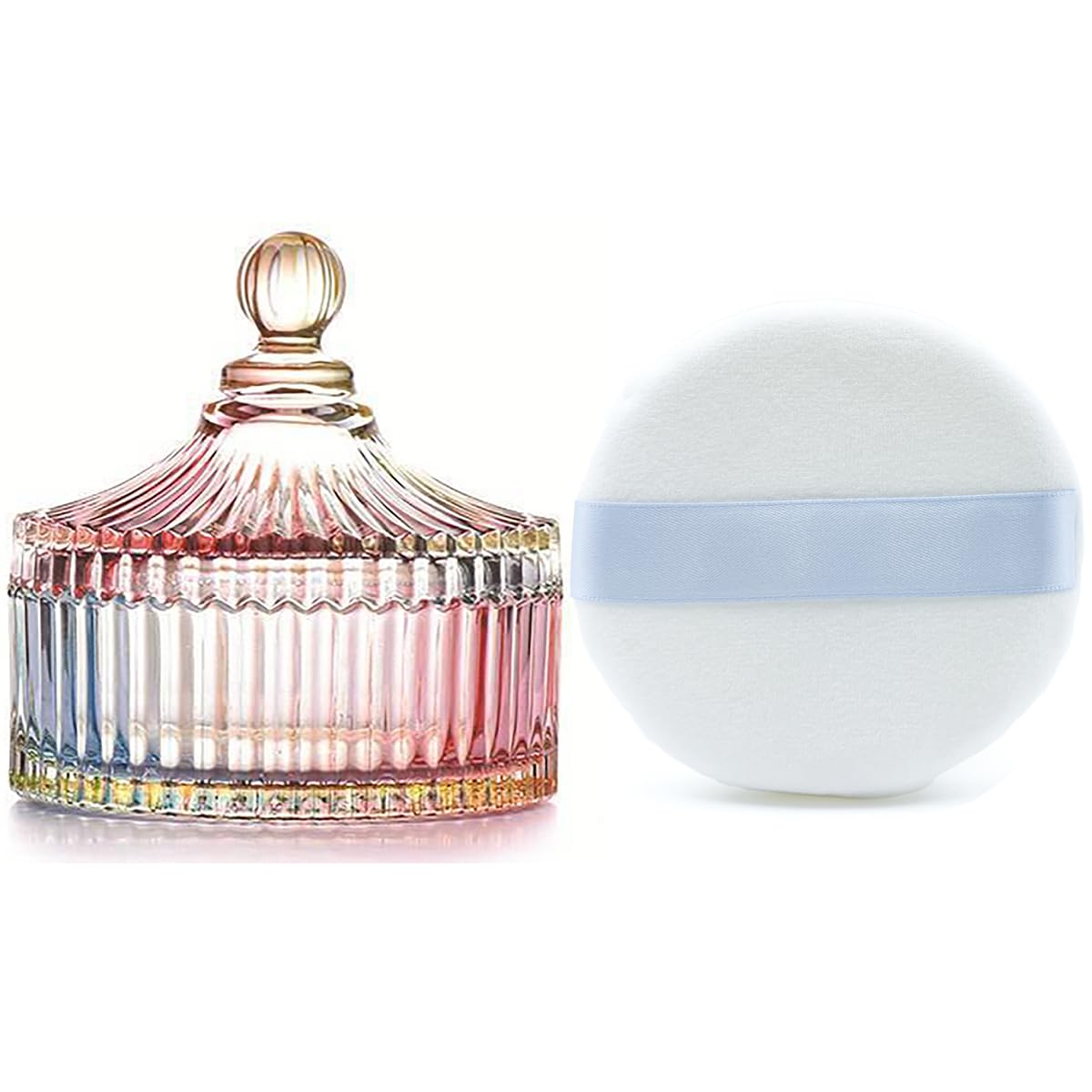Ultra Soft Powder Puff and Rainbow Container 3.3" High Density Velvet Dusting Washable Reusable Powder Puff,Body Powder Puff and Glass Jar Holder Loose Powder Box with Puff(Multi-Color)-Velvo Beauty