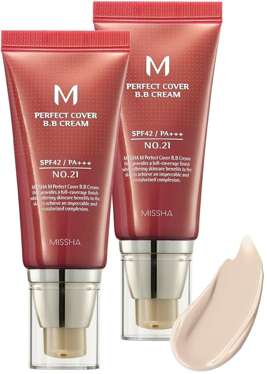 MISSHA M Perfect Cover BB Cream Dual Pack No.21 Light Beige - Light with Cool Undertone SPF 42 PA +++ 1.69 Fl Oz - Tinted Moisturizer with SPF-Velvo Beauty