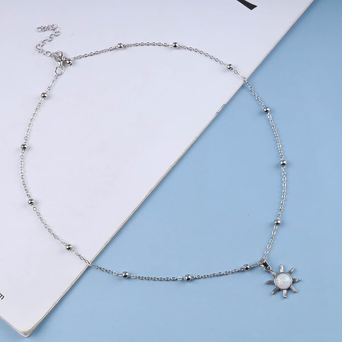 Vintage Opal Crystal Sun Pendent Necklace Opal Sunburst Necklace Moonstone Sun Choker Necklace Gold Ball Chain Necklace Jewelry for Women (Gold)-Velvo Beauty
