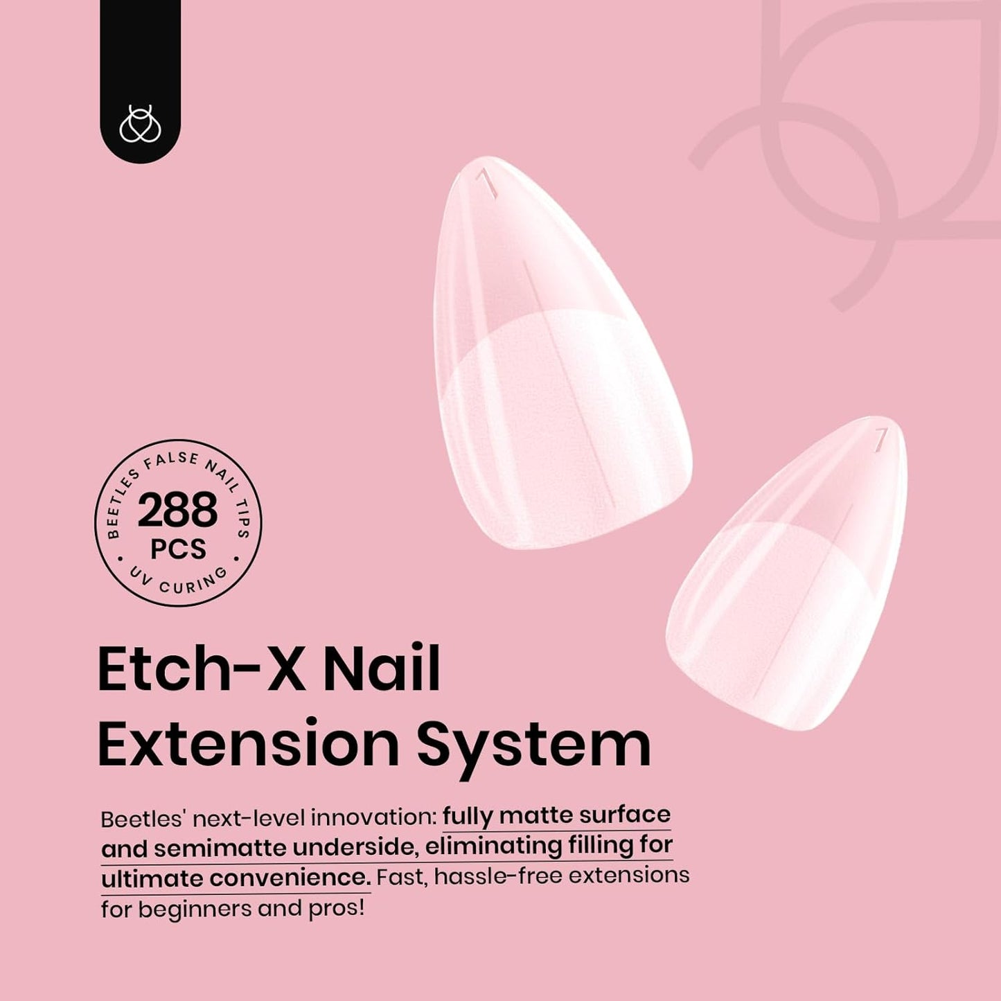 Beetles Short Almond Nail Tips - 288PCS 12 Sizes Full Matte Cover Pre-Etched & Pre-Shaped False Nails Soft Gel Nail Tips Acrylic Nail Tips Nail Extension Tips for Gel Polish DIY Manicure-Velvo Beauty