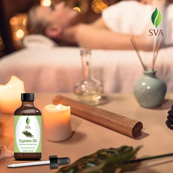 SVA Cypress Essential Oil – 4 Fl Oz – 100% Natural Cypress Oil - for Diffuser, Hair Care, Face, Skin Care, Aromatherapy, Scalp and Body Massage, Soap and Candle Making – with Dropper-Velvo Beauty