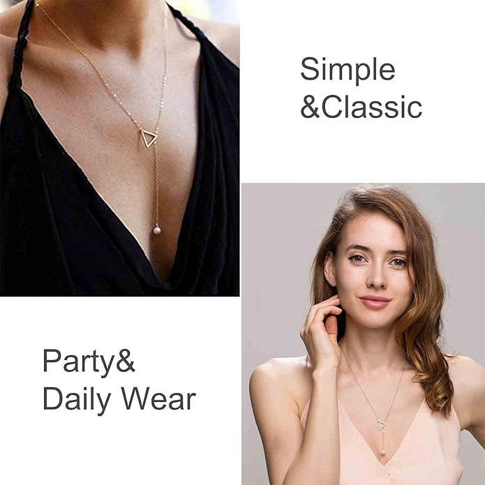 Boho Pearl Triangle Necklace Gold Y Pearl Necklace Minimalist Y Lariat Necklace Geometry Chain Jewelry for Women and Girls-Velvo Beauty