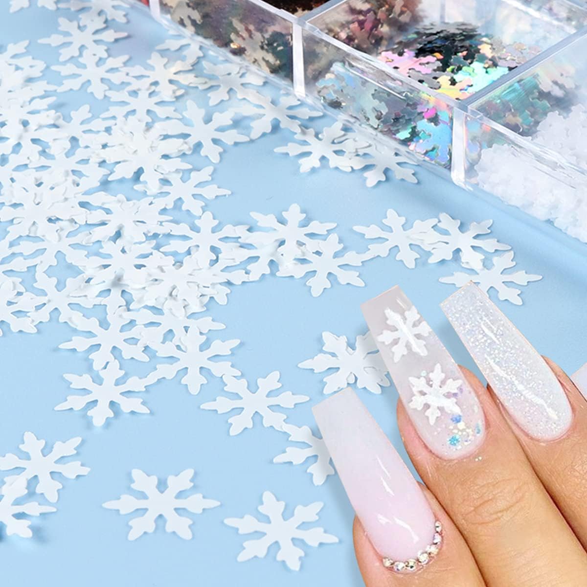 6 Grids Snowflake Nail Art Stickers Decals 3D Glitter Sequins Holographic Laser White Gold Silver Christmas Nail Art Flakes Winter Xmas Snow Glitter-Velvo Beauty