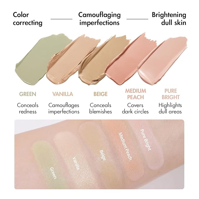 LUNA Conceal Blender Palette 5-in-1 Color Correcting and Concealing Makeup with Beige, Green, Vanila, Medium Peach and Pure Bright Buildable Coverage for Redness, Dark Circles and Blemishes-Velvo Beauty