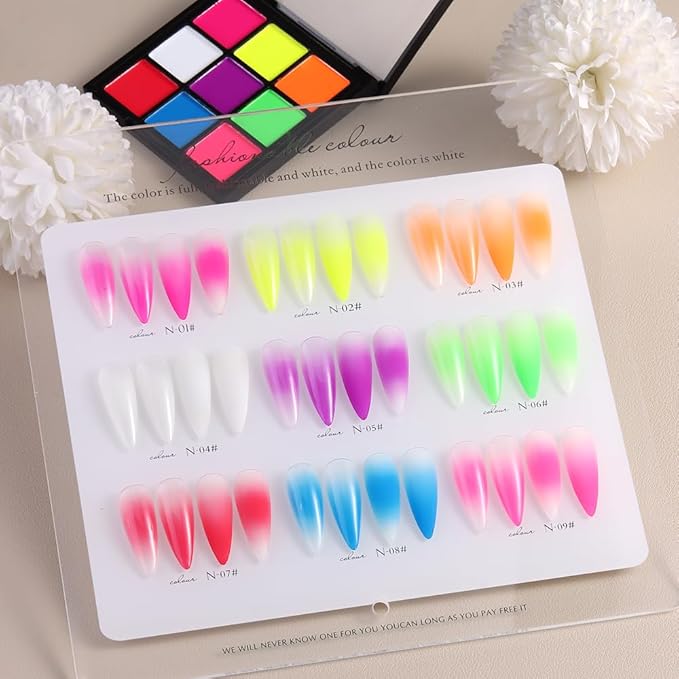 Neon Phosphor Nail Pigment Powder Palette, 9 Colors Solid Pigment Powder for Nails, Fluorescent Glitter Aura Nails Rubbing Dust with Ombre Nail Brush & Sponge Sticks Manicure Art DIY Accessories-Velvo Beauty