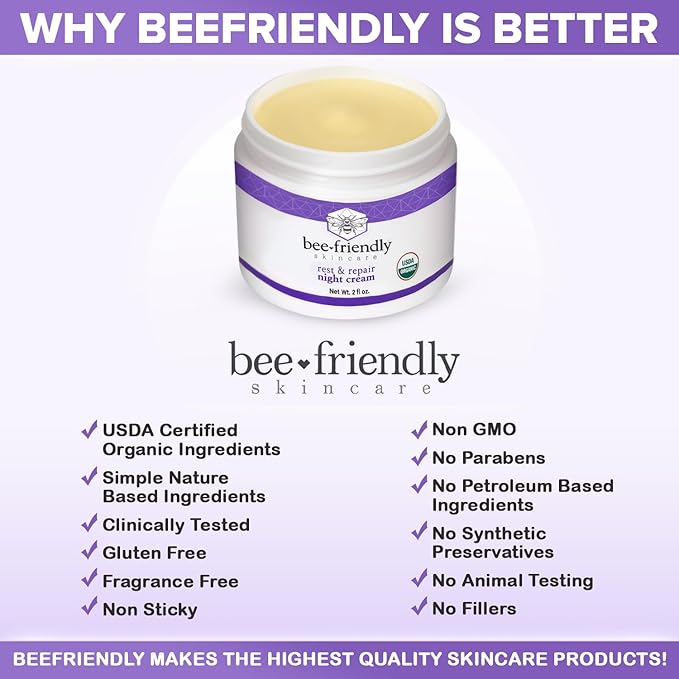 BeeFriendly Organic Night Cream, USDA Certified Organic, Deep Hydrating & Moisturizing Night Time Eye, Face, Neck & Decollete Cream for Women and Men, Anti Aging, Anti Wrinkle 2 oz-Velvo Beauty