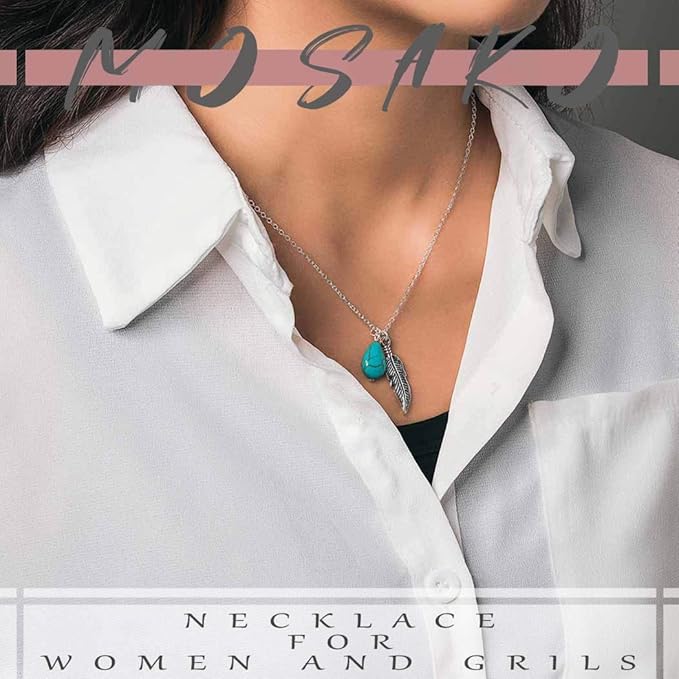 Boho Turquoise Necklaces Silver Feather Pendant Necklace Chain Short Delicate Dainty Necklaces Jewelry for Women-Velvo Beauty