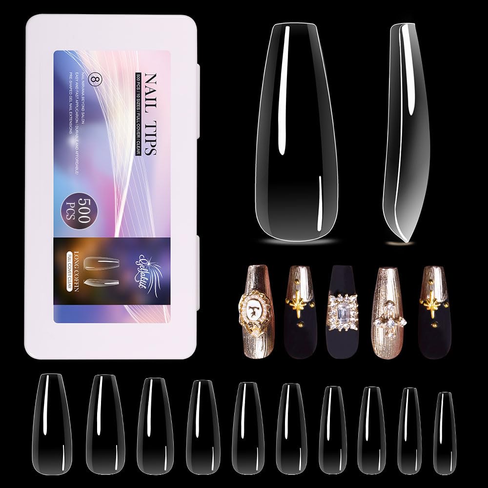 Long Coffin Nail Tips 500PCS, Clear Acrylic Full Cover Gel Press on Nail Tips for DIY Salon, 10 Sizes Pre-Shaped False Nails with Glossy Finish, Professional Manicure Kit & Easy Application-Velvo Beauty