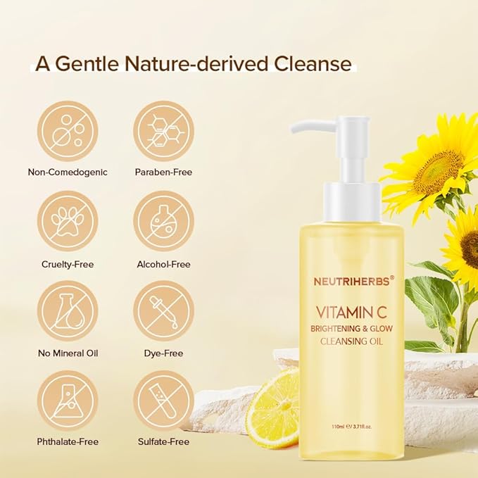 Neutriherbs Makeup Remover Oil Cleanser, Vitamin C Cleansing Oil for Long Last and Waterproof Makeup, Sunscreen, Fit All Skin Type - 3.71 Fl.Oz-Velvo Beauty
