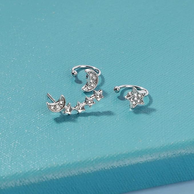 Boho Moon Star Ear Climber Earrings Silver Cz Star Ear Crawler Earrings Vintage Rhinestone Moon Cuff Earrings Cartilage Star Trailing Earrings Celestial Jewelry for Women and Girls Gifts-Velvo Beauty
