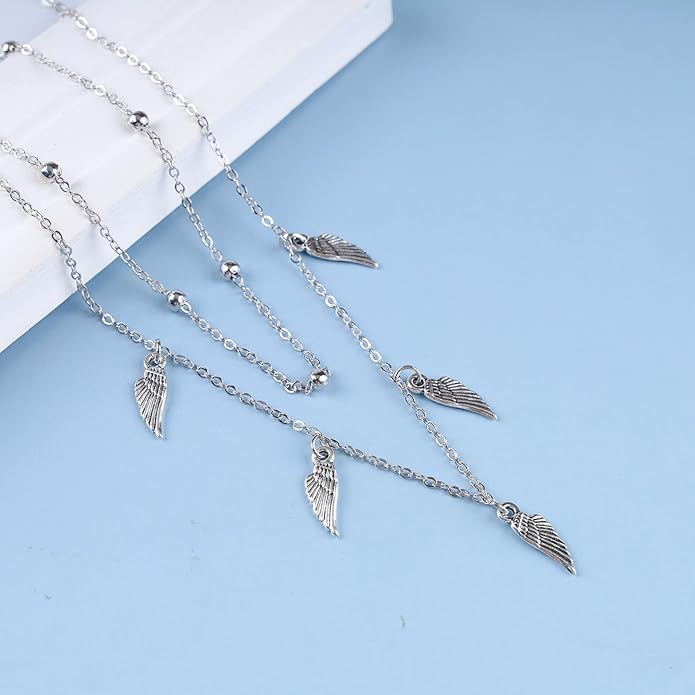 Vintage Layered Wing Dangle Necklace Angel Wing Pendant Necklace Tiny Wing Choker Necklace Silver Angel Wing Necklace Jewelry for Women-Velvo Beauty
