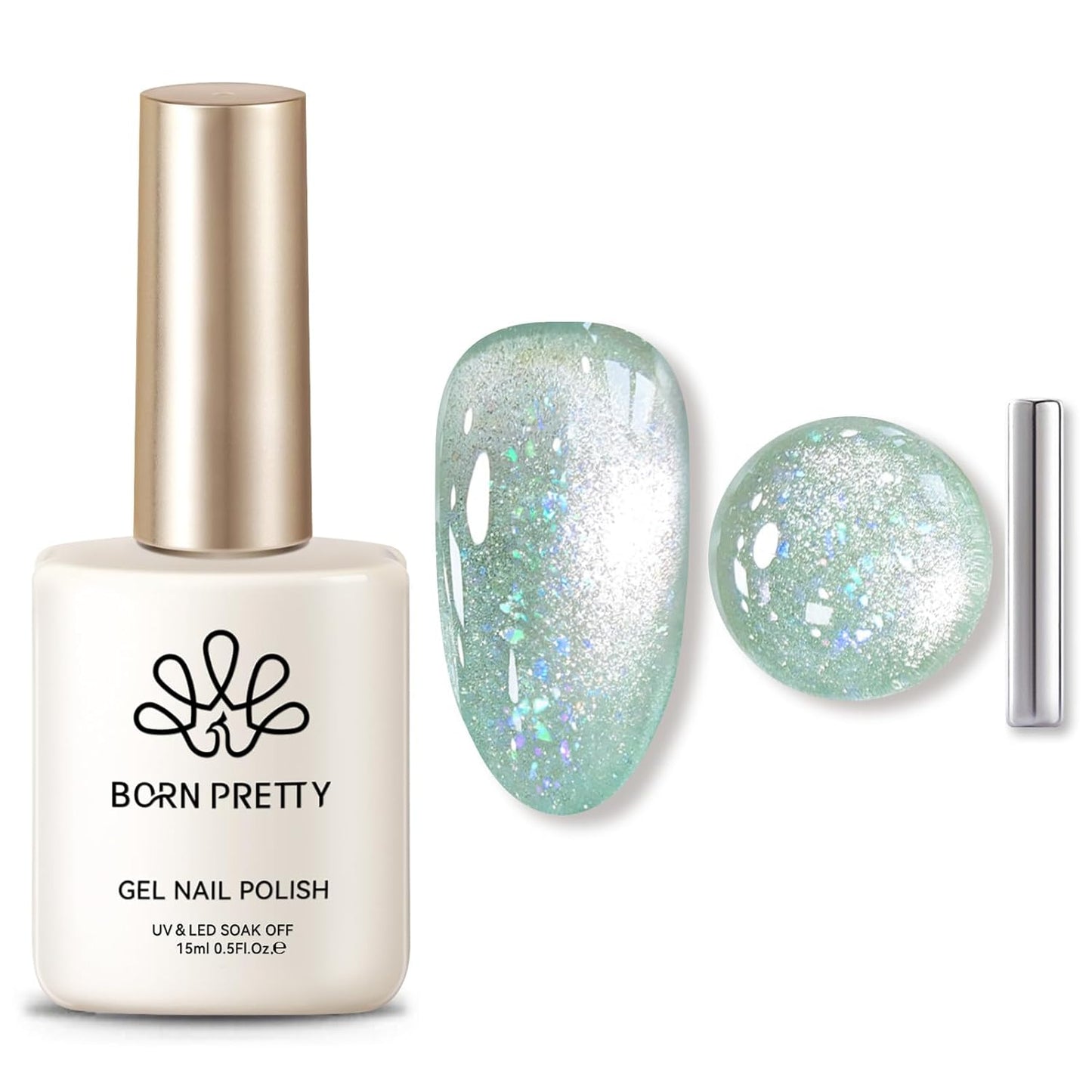 Born Pretty Green Cat Magnetic Eye Gel Nail Polish Shimmer Glitter Flakes Holographic Aurora Mint Green Magnetic Gel Polish Nail Art Manicure DIY at Home 15ML-Velvo Beauty