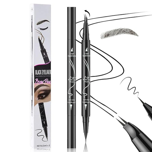 Curved 2 Tip Eyebrow Pen-Black Eyebrow Pencil With Black Eyeliner 2-in-1 Dual-Ended Create Natural Hair-Like Brows,Waterproof,Smudge Proof,Long Lasting All-Day-Velvo Beauty