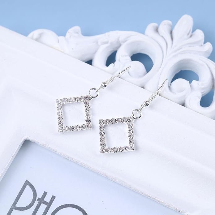 Vintage Crystal Square Drop Earrings Rhinestone Square Dangle Earrings Hollow Square Hook Earrings Silver Sparkly Cz Square Earrings Jewelry for Women-Velvo Beauty