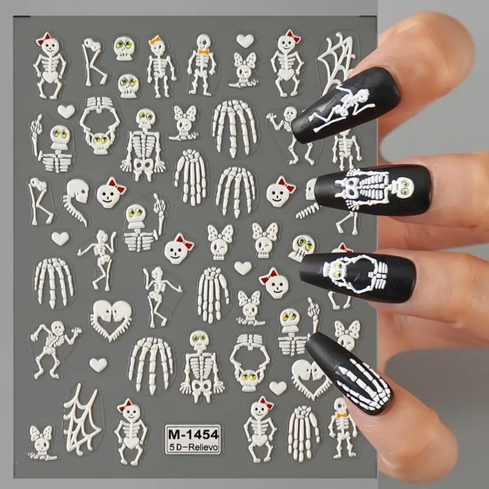 2 Sheets Halloween 5D Embossed Nail Art Stickers - Skeleton, White Skull Nail Stickers with Spider Web Heart Design - Self-Adhesive Horror Decals for Women - Art Supplies and Decorations-Velvo Beauty