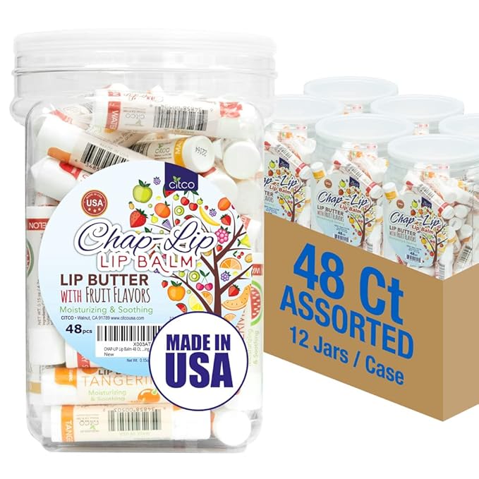 CHAP-LIP Lip Balm 48 Ct. with Fruit Flavors, Cocoa Butter, Coconut Oil | Moisturizing Vitamin E & Total Hydration Treatment & Soothing Lip Therapy (48 Ct Pack of 12)-Velvo Beauty