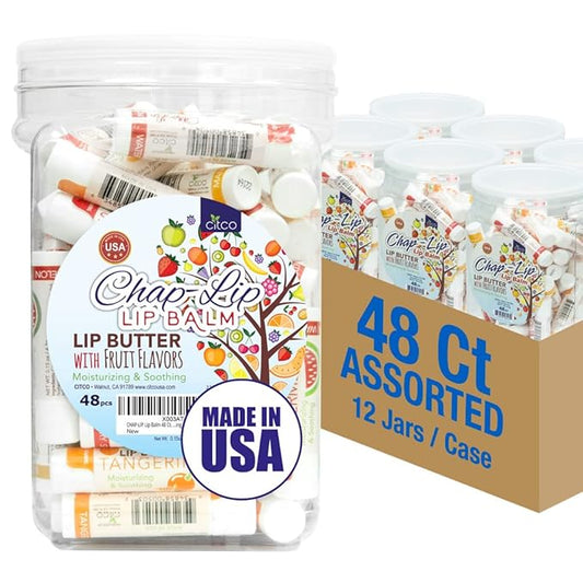 CHAP-LIP Lip Balm 48 Ct. with Fruit Flavors, Cocoa Butter, Coconut Oil | Moisturizing Vitamin E & Total Hydration Treatment & Soothing Lip Therapy (48 Ct Pack of 12)-Velvo Beauty