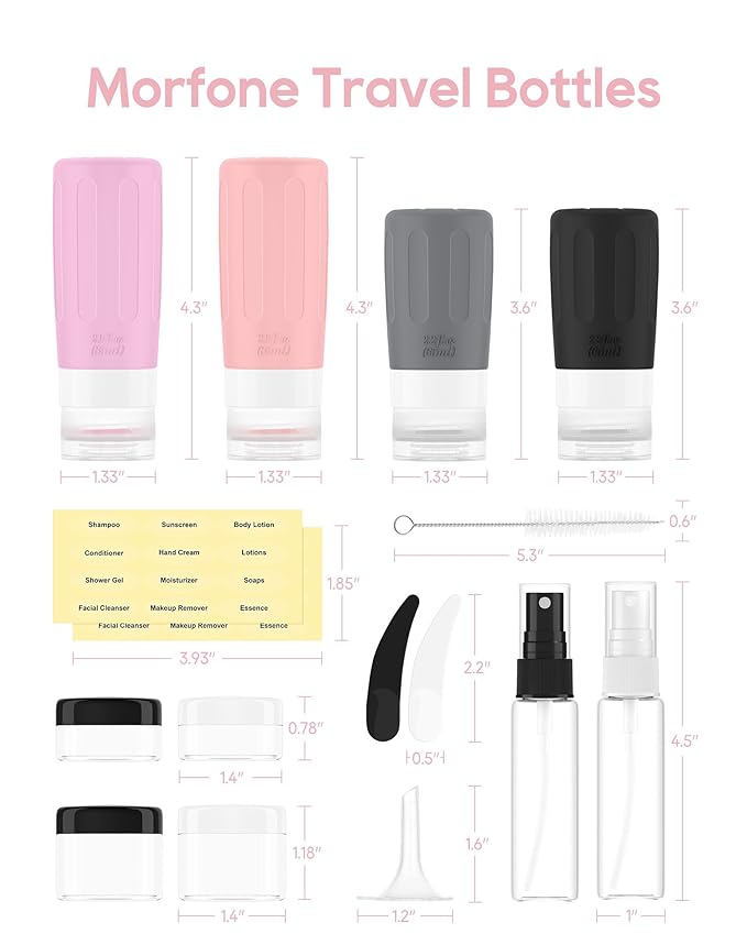 Morfone 16 Pack Silicone Travel Bottles Set for Toiletries TSA Approved Travel Containers Leakproof Squeezable Refillable Accessories 2oz 3oz for Shampoo Conditioner Lotion Liquids (Black Pink)-Velvo Beauty