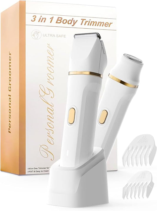 Upgraded Bikini Trimmer for Women, Dermave Bikini Shaver [2in1 & Painless] Electric Face Razors/Shaver, [Waterproof] Pubic Body Hair Trimmer, Replaceable Ceramic Blade, Charge Dock, Gifts for Women-Velvo Beauty