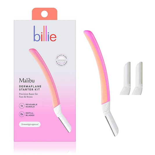 Billie - Dermaplane Starter Kit - Reusable Handle + 3 Refill Blades - Remove Facial Hair + Perfectly Shape Brows - Dermatologist-Approved - Malibu-Velvo Beauty