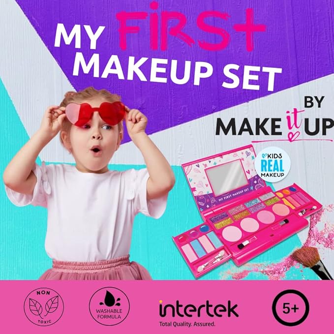 My First Makeup Set for Young Girls I Kids Makeup Kit for Little Girls I Foldable Makeup Palette with Makeup Mirror I Pink Set Makeup for Kids Vanity I Original Design Washable Toddler Makeup Kit Gift-Velvo Beauty