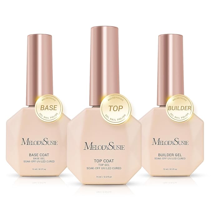 MelodySusie No Wipe Glossy Top Coat Base Coat Builder Gel Set Long Lasting Shine Finish Soak Off UV LED Nail Lamp Nail Polish Art Design Manicure Kit Perfect Gifts for Women Girls 3 Pcs 15ml Clear-Velvo Beauty