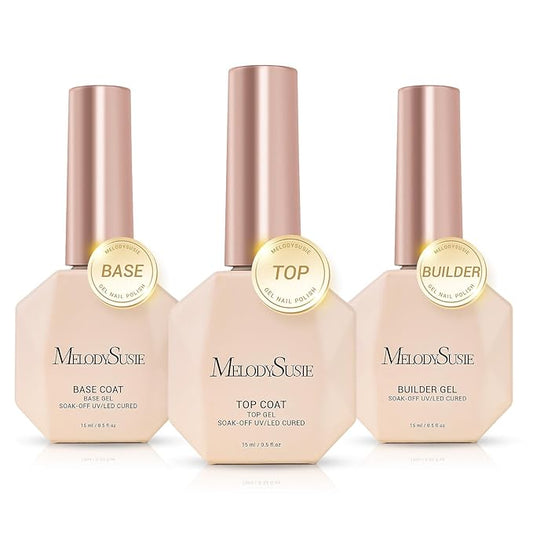 MelodySusie No Wipe Glossy Top Coat Base Coat Builder Gel Set Long Lasting Shine Finish Soak Off UV LED Nail Lamp Nail Polish Art Design Manicure Kit Perfect Gifts for Women Girls 3 Pcs 15ml Clear-Velvo Beauty