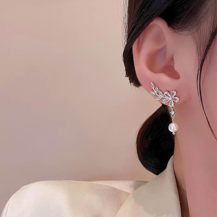 Vintage Crystal Flower Ear Climber Earrings Rhinestone Pearl Dangle Earrings Gold Cz Chain Tassel Earrings Sparkly Pearl Drop Earrings Jewelry for Women-Velvo Beauty