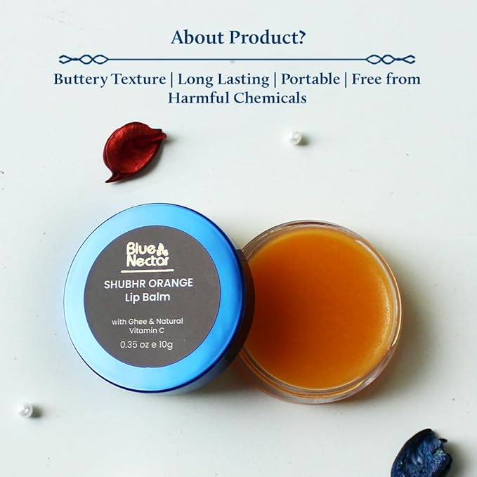 Blue Nectar Ayurvedic Orange Lip Balm with Organic Ghee & Natural Vitamin C for Dry Lips | Moisturizing Lip Gloss with Clean Ingredients (0.35 oz, 10 Herbs)-Velvo Beauty