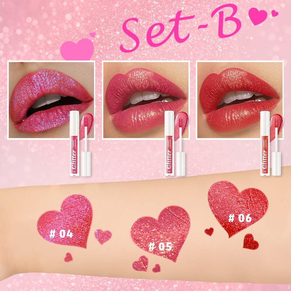 3Pcs Metallic Lipstick for Women,Lightweight Glitter Sparkling Liquid Lipsticks,Shimmer Lip Gloss Stain Long Lasting Waterproof Smudge Proof Non-Drying 24 Hour Full Coverage Lip Makeup,Vegan-Velvo Beauty