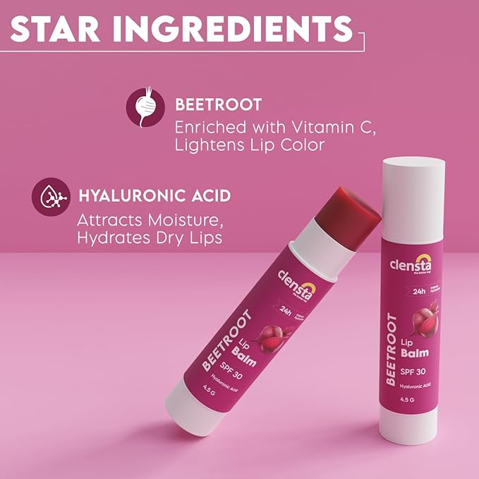 Clensta Beetroot SPF 30 Tinted Lip Balm | Hydrating & Moisturizing Lip Care with Hyaluronic Acid | Broad Spectrum Lip Sunscreen | 4.5g-Velvo Beauty