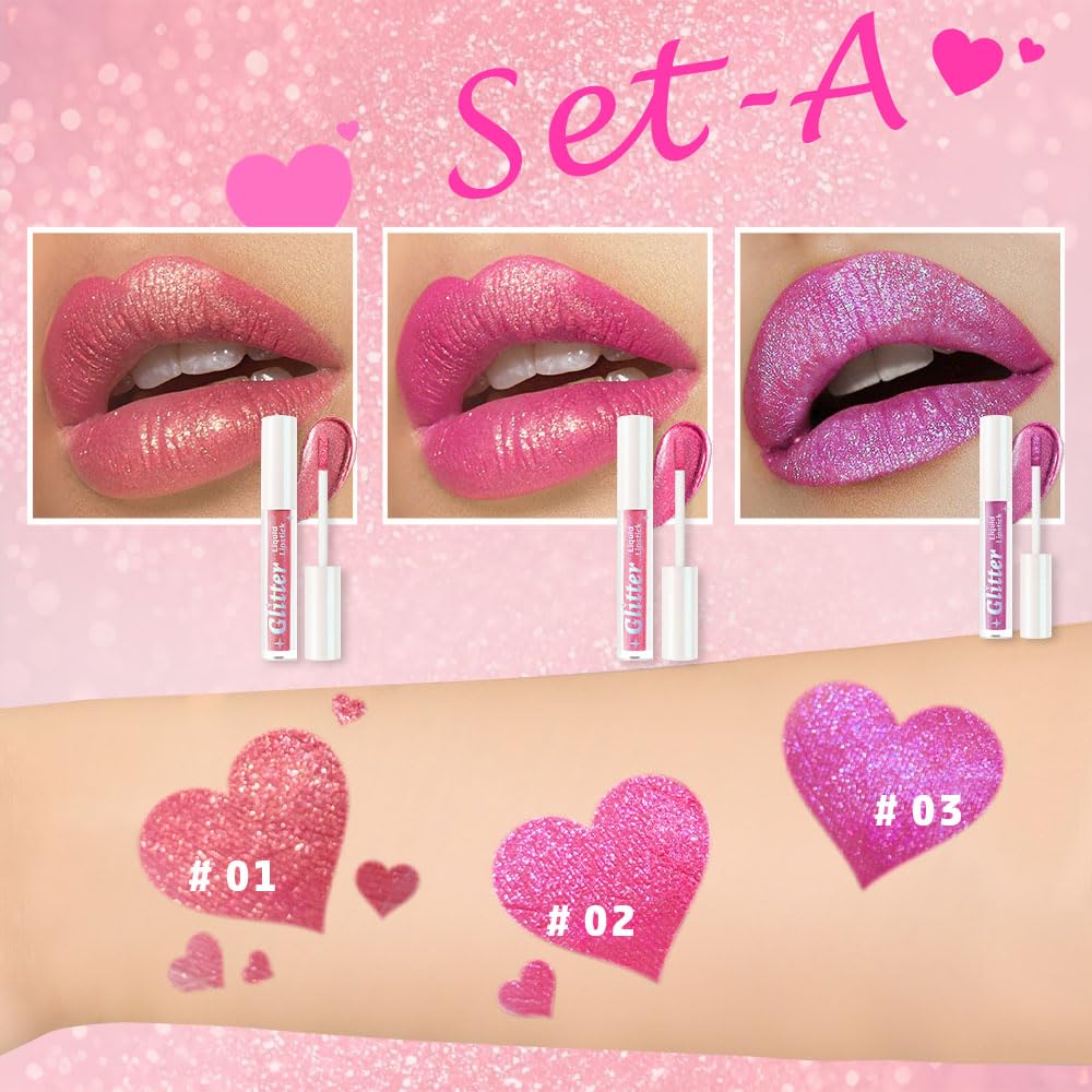 3Pcs Metallic Lipstick for Women,Lightweight Glitter Sparkling Liquid Lipsticks,Shimmer Lip Gloss Stain Long Lasting Waterproof Smudge Proof Non-Drying 24 Hour Full Coverage Lip Makeup,Vegan-Velvo Beauty