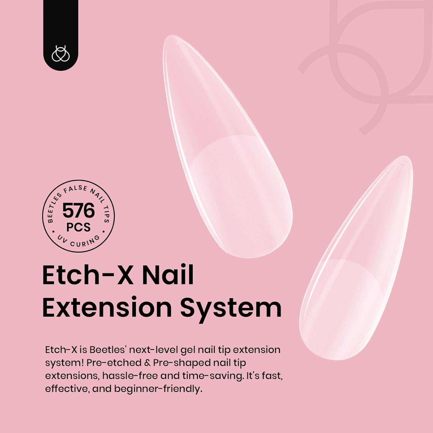 Beetles Gel Nail Tips Etch-X, Stiletto Medium, 576Pcs 12 Sizes, Pre-Etched Half Matte Full Cover Soft Acrylic Fall Halloween False Nail Tips Easy DIY Press On Nail Extensions Salon Gift for Women-Velvo Beauty