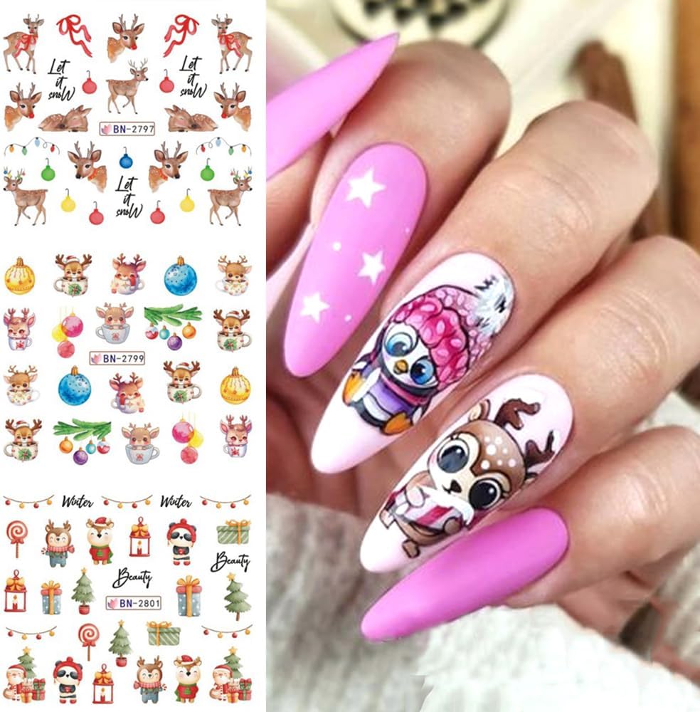 Christmas Nail Art Stickers Decals Snowflake Water Transfer Slider Nail Foils for Christmas Nail Art Supplies Cartoon Santa Claus Elk Gift Polar Bear Winter Design DIY Manicure Tips Stickers for Nails-Velvo Beauty