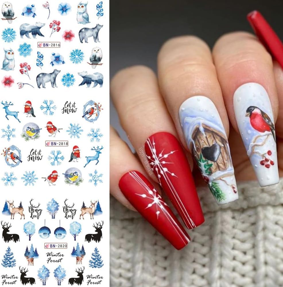12 Sheets Snowflake Nail Art Stickers Water Transfer Nail Decals Christmas Nail Art Decorations Blue Snowflake Elk Santa Tree Bear Cute Winter Pattern Watermark Nail Stickers for Women DIY Nail Supply-Velvo Beauty