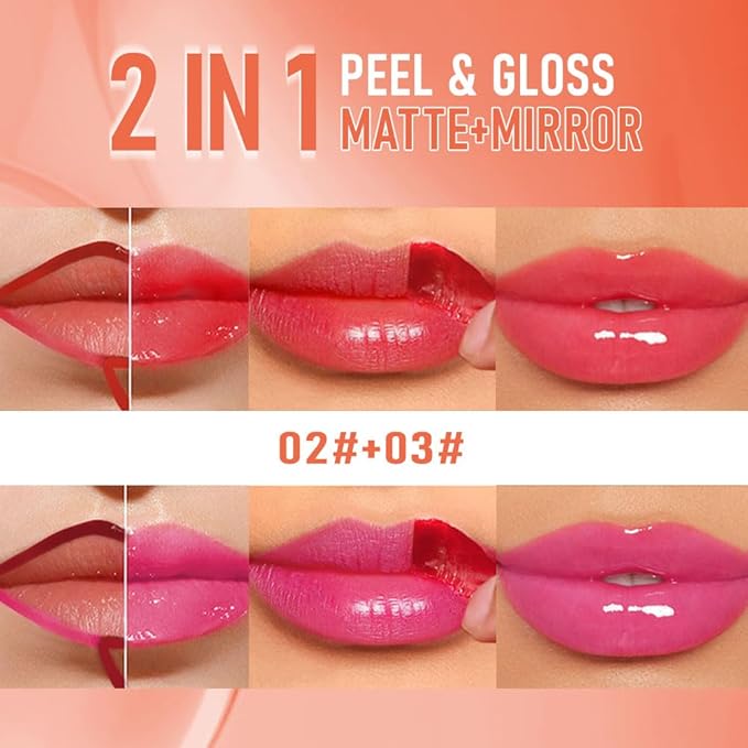 2Pcs Peel Off Lip Gloss Tattoo and Lip Oil 2-in-1, Lip Stain Peel Off Masque - Peel Off Lip Tint ,Long Lasting Waterproof Transfer-proof Lip Mask Lip Gloss Peel Off Lip Liner,Stay Lip Makeup 02#+03#-Velvo Beauty
