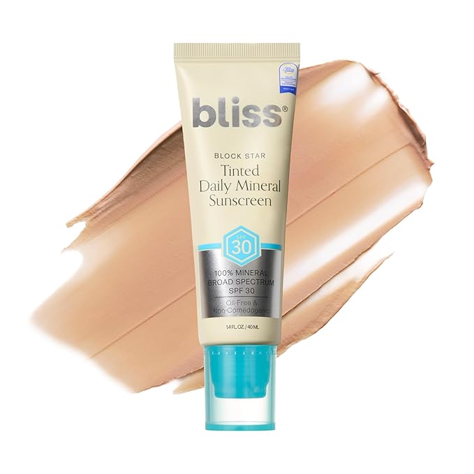 Bliss Block Star SPF 30 Daily Tinted Mineral Sunscreen with Zinc Oxide - All Skin Tones - 100% Mineral Broad Spectrum Sunscreen with Titanium Dioxide & Antioxidant Blend- 1.4 fl oz.-Velvo Beauty