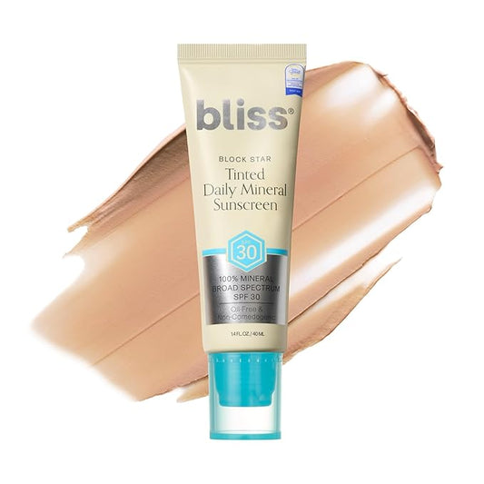 Bliss Block Star SPF 30 Daily Tinted Mineral Sunscreen with Zinc Oxide - All Skin Tones - 100% Mineral Broad Spectrum Sunscreen with Titanium Dioxide & Antioxidant Blend- 1.4 fl oz.-Velvo Beauty