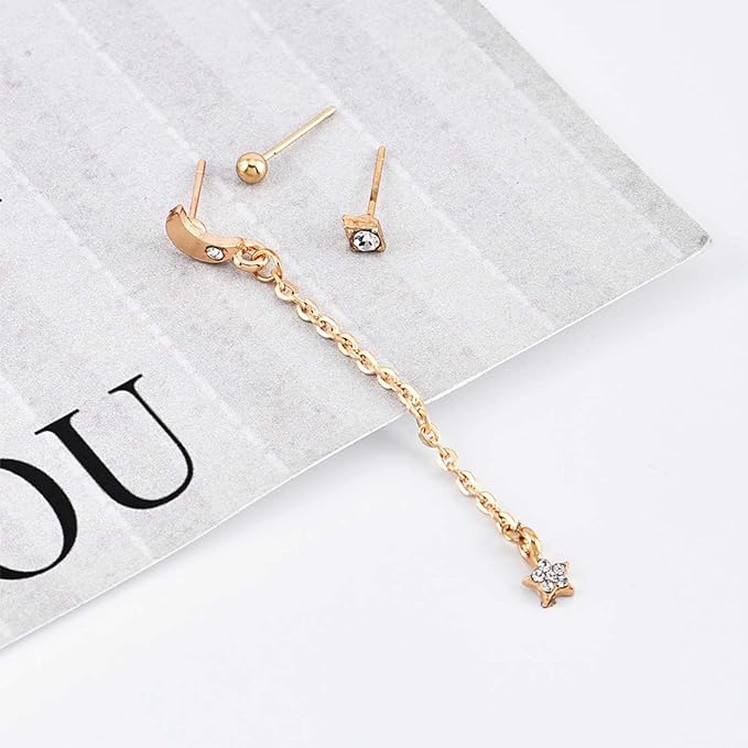 Bohemia Moon Star Dangle Earrings Gold Cz Moon Drop Chain Earrings Crystal Star Earrings Star Chain Earrings for Women and Girls-Velvo Beauty