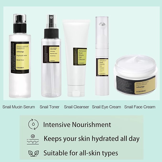 All About Snail Mucin Kit - Snail Korean Skincare 5-Pack, Snail Skin Care Products Set: Face Gel Cleanser, Essence, Cream, Toner & Eye-Cream, Facial Kit for Women and Men Hydrating & Anti-Aging-Velvo Beauty