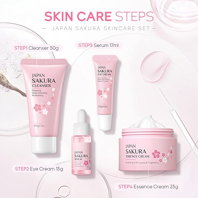 Skin Care Set - Sakura Skin Care Sets & Kits - Women Gift Sets with Cleanser,Serum,Eye Cream,essence Cream - Beauty Products For Women - Skin Care Routine Travel Kit (SetB)-Velvo Beauty