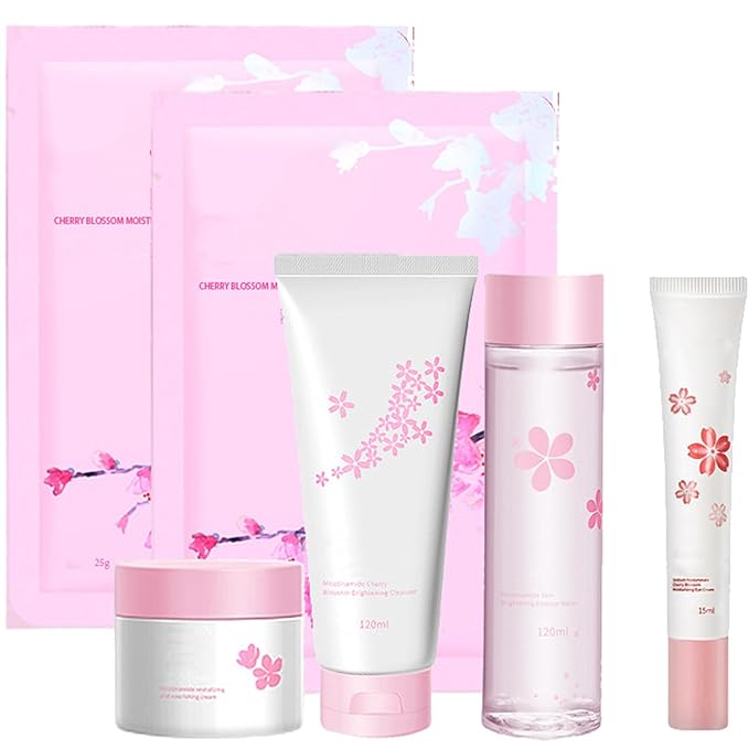 6Pcs Amino Acid Skin Care Products Set, Sakura Skin Care Sets, Nicotinamide Skin Care Gift Set for Women Girls, Skincare Routine Set, Face Care Kit with Cleanser, Mask, Toner, Eye Cream, Moisturizer-Velvo Beauty